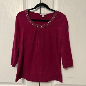 Laura Ashley Embellished Berry Blouse M 3/4 Sleeve Studded Neckline Size M